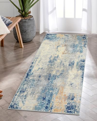 Lahome 2x4 Washable Hallway Runner Rug, Non Slip Runner Rug, Easy Clean Soft Stain Resistant Carpet for Entrance, Front Door, Door-Friendly Mat with Low Pile, 2 x 4 Blue/Ivory - Image 3