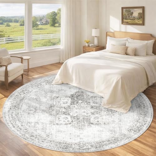 Round Rugs 6ft Washable Rug, Vintage Boho Medallion Rugs Non-Slip Soft Low Pile Circle Distressed Rug Indoor Retro Carpet for Living Room Bedroom Dining Room Home Office (Grey, 6' Round) - Image 3