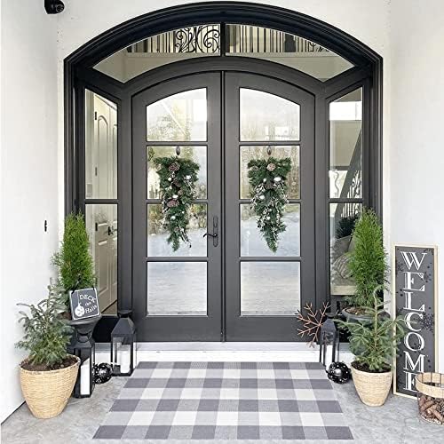 SEEKSEE Buffalo Plaid Outdoor Rug 27.5x43 Gray and White Front Door Mat, Layering Rug for Porch, Washable Doormat, Front Porch Rug for Outdoor Entrance Entryway Patio Porch Decor - Image 5