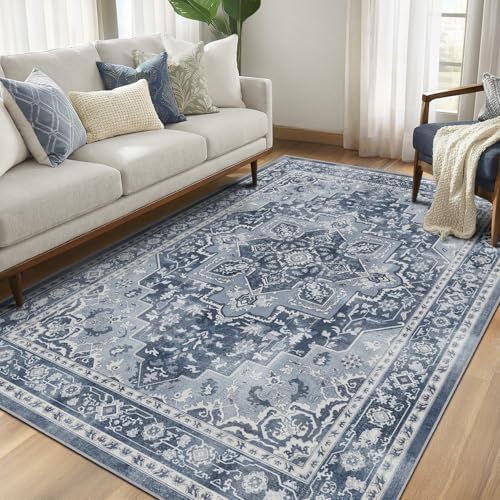 Blue Gray 5x7 Area Rugs for Living Room, Transitional Distressed Washable Non Slip Bedroom Rug, Modern Vintage Medallion Low Pile Thin Carpet Rugs for Den/Dining Room/Kitchen/Home Office by Jainmy