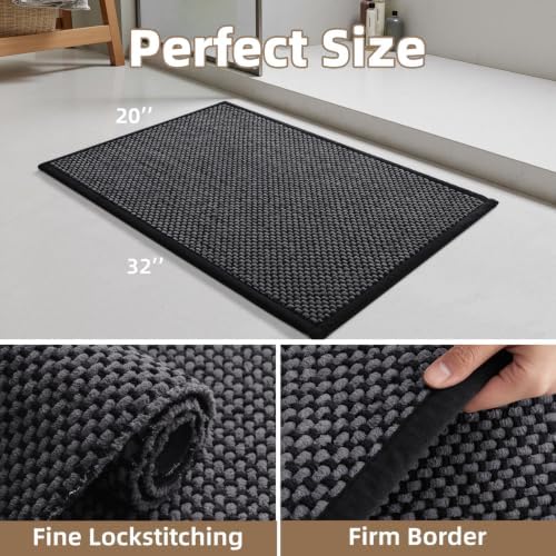 PADOOR-Bath Mat-Super Absorbent Chenille Bathroom Mats-Rubber Backed Bath Mats for Bathroom Non Slip, Easy Clean Bathroom Rugs Front of Bathtub,Shower Room,Sink-20×32, Darkgrey&Black - Image 2