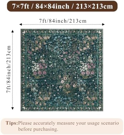 7x7 Vintage Floral Dining Room Rug - 7ft Square Low Pile Non Slip Machine Washable Area Rug, Indoor Carpet for Under Table/Bed Living Room Bedroom Office Nursery Entryway Playroom (7ft Square, Green) - Image 2