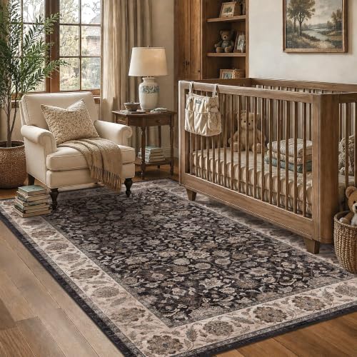 Washable 3x5 Entryway Non-Slip Area Rug Charcoal Beige Throw Carpet - Image 3