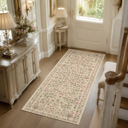 2x6 Pink and Green Floral Butterfly Bow Hallway Runner Rug by Unknown