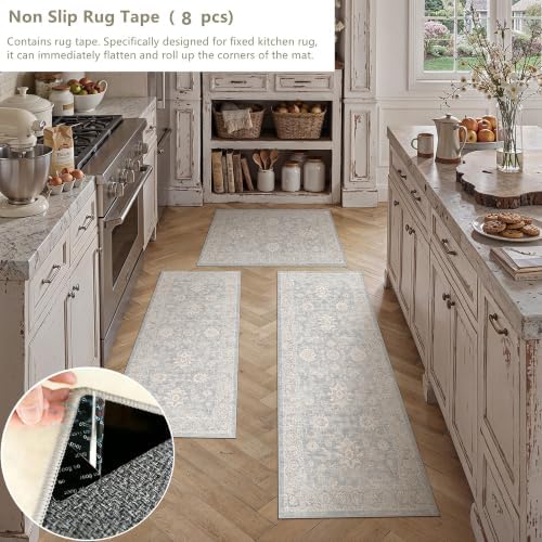 2 Piece Blue Cream Neutral Floral Kitchen Rug Set - Image 3