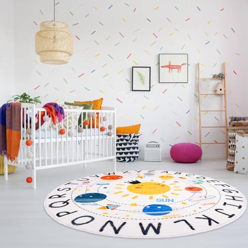 Round ABC Space Kids Rugs,4 ft Non-Slip Solar System Alphabet Rugs, Washable Rug, Soft Plush Educational Circle Rug for Classroom playroom Bedroom Kids Room Decor(for Age 2+) - Image 5