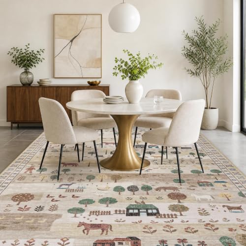Machine Washable Area Rug 5x7, Soft Whimsical Rug, Vintage Farmhouse Beige - Image 4