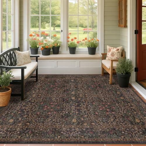 Dark Brown Washable 5x7 Area Rugs for Living Room, Entryway, Non-Slip Soft Rugs for Bedroom, Dining Room, Home Office, Black Brown Floral Vintage Cottage Indoor Carpet Décor, Low Pile Stain Resistant by HazoHaus