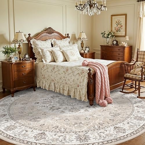 7x7 Living Room Area Rug: Washable Oriental Printed Soft Round Rug for Bedroom Besides Non-Slip Low-Pile Carpet for High-Traffic Area Indoor Stain Resistant Distressed Home Decor Mat(7Round,Beige) - Image 2