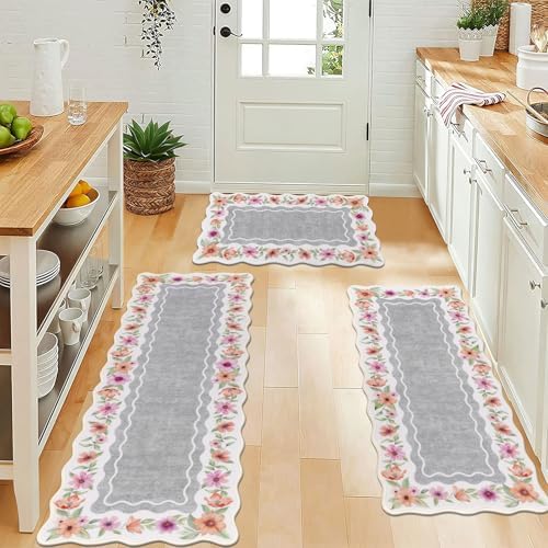Vaukki Boho Kitchen Rug Sets of 3,Flower Grey Washable Kitchen Floor Mat - Image 5