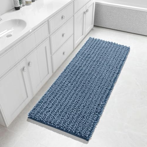 Yimobra Bathroom Runner Rug 55x24 Inch - Extra Long Non Slip Chenille Bath Mat, Soft & Absorbent, Machine Washable Shaggy Hallway Carpet for Vanity Tub Shower, Denim Blue Home Decor Accessories by Yimobra
