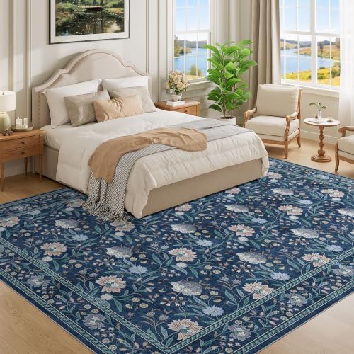 DUKINO 9x12 Area Rug for Living Room Vintage Floral Washable Rug, Dark Blue - Image 3