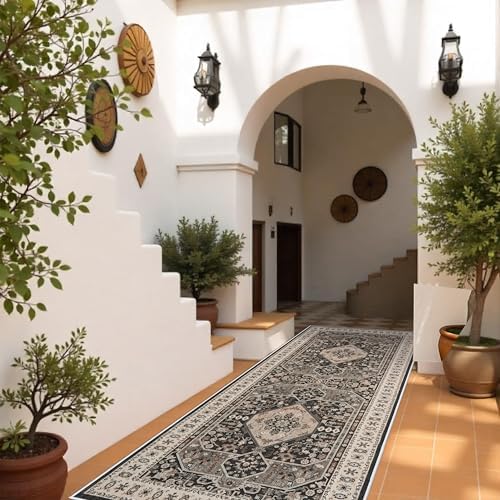RUUGME 4x10 Washable Runner Rug - Vintage Hallway Rugs with Non Slip Backing Soft Kitchen Stain Resistant Living Room Bedroom Carpets Indoor Soft Floor Decoration Mat for Bathroom (4x10, Black) - Image 2