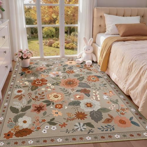 RELEANY Floral Washable 4x6 Area Rugs Brown/Brick by RELEANY