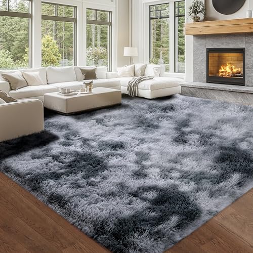 10x12 Tie-Dyed Dark Grey Living Room Rug – Shag Modern Luxury Carpet - Image 2