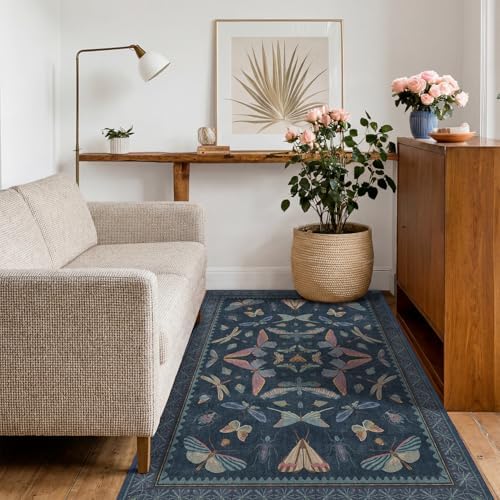 Blue Rugs for Bedroom - 4x6 Washable Area Rug for Large Entryway, Living Room, Kitchen Floor, Dark Whimsical Home Décor, Vintage Low Pile & Soft Non Slip Carpet - Image 3