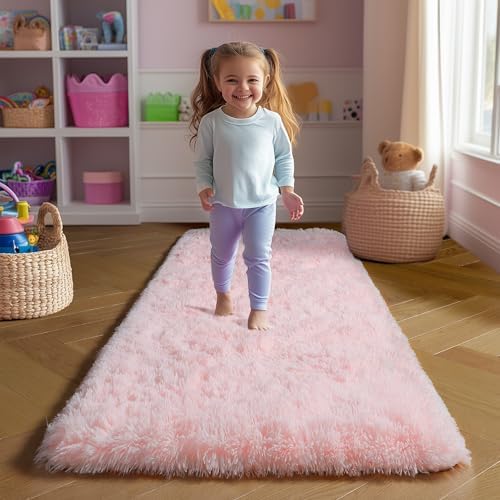 Amdrebio Pink Shag Plush Runner Area Rug 2x6 for Girls Bedroom Kids Room by Amdrebio