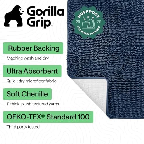 GORILLA GRIP Bath Rug Mat for Bathroom, Absorbent Chenille, 60x17 Navy Blue - Image 2