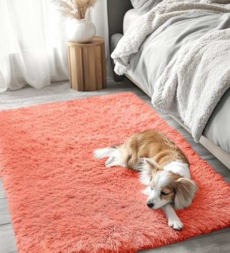 OLANLY 3x5 Machine Washable Small Bedside Rug, Soft Fluffy Shaggy Rugs for Living Room, Bedroom, Indoor Floor Carpet for Kids Girls and Boys, Preppy Dorms, Nursery, Home Decor Aesthetic, Coral Red - Image 6
