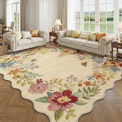 FMFUNCTEX 10x12 Washable Beige Floral Scalloped Area Rug for Living Room by Fmfunctex