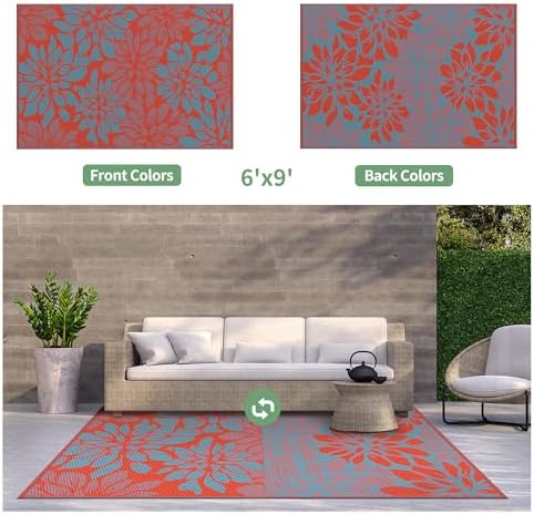 GENIMO Outdoor Rug, Waterproof Plastic Rugs for Patio, 6'x9' Red Blue - Image 5
