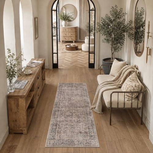 Washable 2x5 Kitchen Non-Slip Runner Rug Boho Taupe Navy Throw Carpet - Image 3
