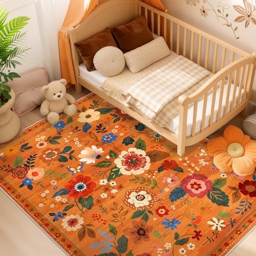 RELEANY Floral Washable 8x10 Area Rugs BurntOrange - Image 6