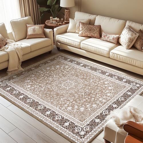 Lessymo 6x9 Bedroom Area Rug, Soft Machine Washable Rugs, Brown White by Lessymo