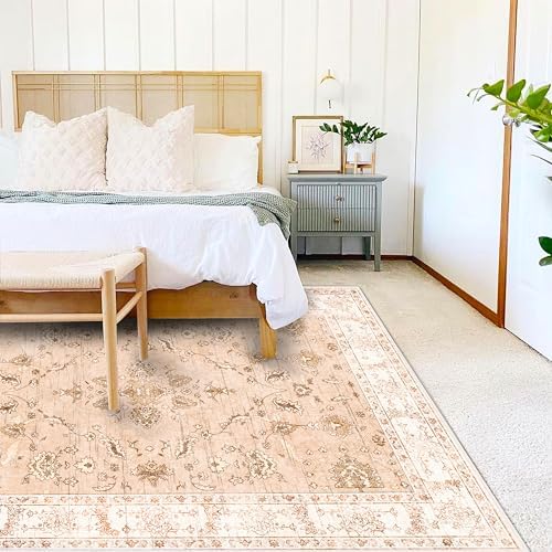 CHAMPLANT 4x6 Vintage Washable Thin Area Rug Tangerine Traditional Floor Cover Foldable Indoor Distressed Non Slip Carpet Floral Print Mat Bedroom Living Room Bathroom - Image 2