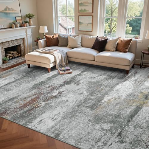 8x10 Ft Abstract Washable Area Rugs for Living Room Grey Red Gold by Cuzwlovita