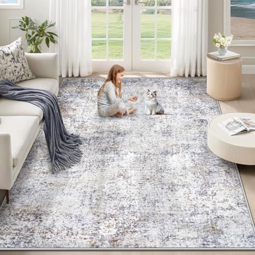 XLUEZ 5x7 Area Rugs for Living Room, Washable Modern Abstract Large Area Rug Neutral Soft Non Slip Kids Rug Stain Resistant Indoor Carpet for Bedroom Nursery Dining Room Playroom(Bluegrey, 5'x7') by XLUEZ