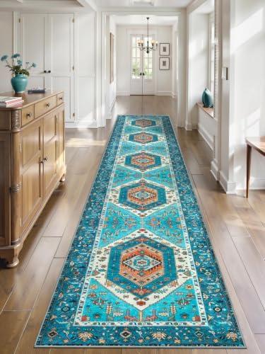 SERISSA 2'6"x14' Washable Non Slip Boho Runner Rug for Hallway，Blue by SERISSAHomeDecorCollection
