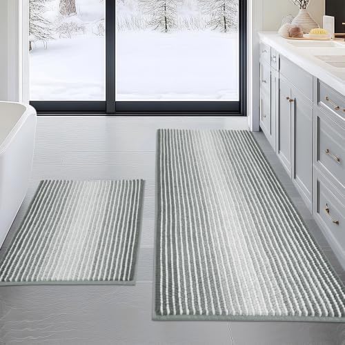 BSICPRO Bathroom Rugs Sets 2 Piece, Non Slip Striped Bath Mats, Light Gray by BSICPRO
