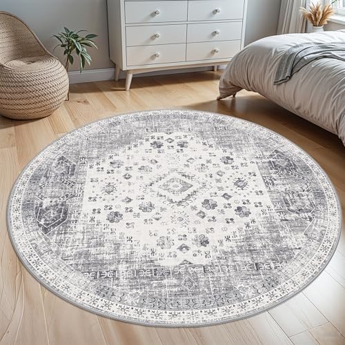 Washable 6ft Round Area Rug - Vintage Living Room Bedroom Rugs with Non Slip Backing Indoor Low Pile Carpet for Kitchen Nursery Ultra Soft Home Decor Floor Mat for Bathroom (Grey,6round) - Image 3