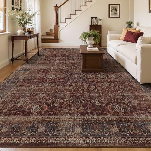Brick Red Big Rug 10x12, Vintage Farmhouse Distressed Carpet Large Size 10x12 for Living Room Bedroom, Washable Non Slip Low Pile Thin Print Room Rug for Dining Room Family Room by Jainmy