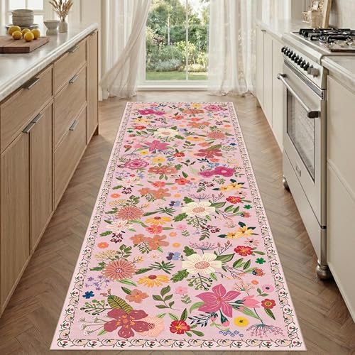 Pink Floral Hallway Kitchen Runner Rug 2'6"x8' Washable Rug by LatteFog