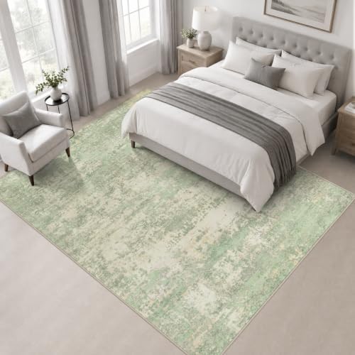 Area Rug Living Room: 8x8 Modern Washable Soft Carpet Green Cream - Image 3