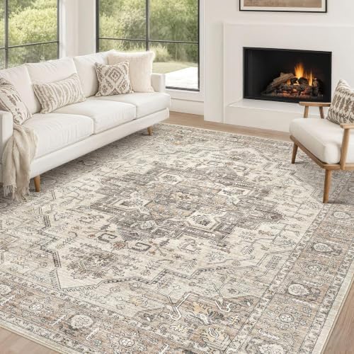 7x10 Area Rug: Washable Vintage Light Brown Rugs for Living Room by ZUNTKON