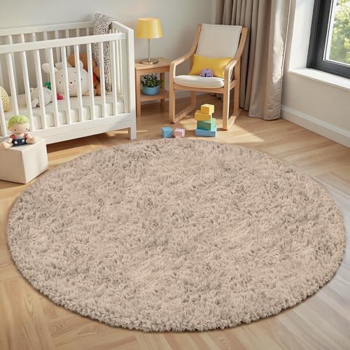 Beige Round Fluffy Rug 6ft Plush Fuzzy Shaggy Carpet by Unknown