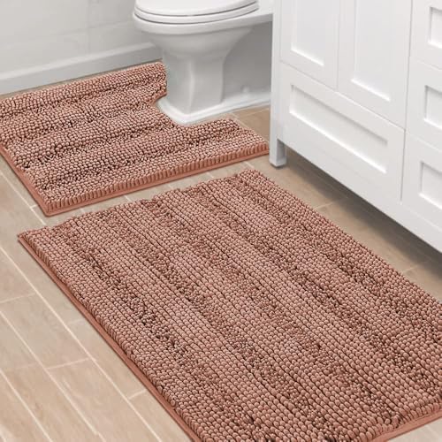 H.VERSAILTEX Bathroom Rugs Bath Rug Set 2 Piece Bathroom Contour Rug Toilet Mat Non Slip Contour Bath Rug Ultra Thick Water Absorbent Striped Bath Mats Washable(36" x 24" Plus 20" x 24" U, Muted Clay) by HVERSAILTEX