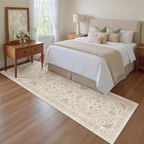 Madane Kitchen Runner Rug 2x7 with Rubber Backing Non Slip, Beige/Blue - Image 4
