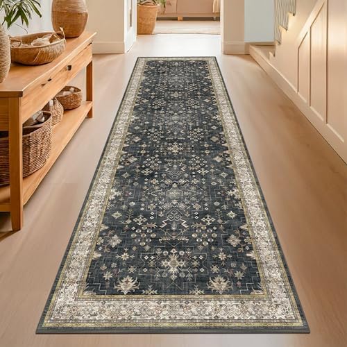 Dark Washable Long Runners for Hallways, 2'6"x8' Wide Kitchen Runner Rug, Entryway Indoor Rug, Non Slip Rubber Backing Boho Vintage Floor Decor, Ashen/Multi by HazoHaus