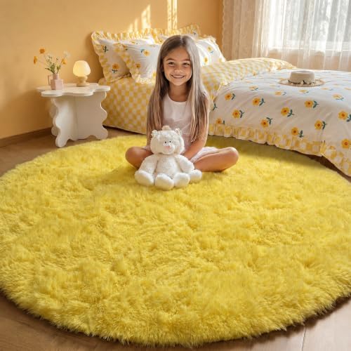 Yellow Fluffy Round Rug Circle Area Rugs 4ft for Girls Kids Teen Bedroom by ONASAR