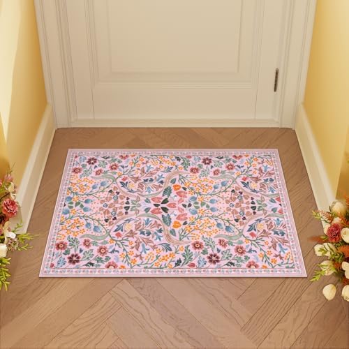 Moynesa Pink Floral 2x3 Rug for Entryway, Washable Vintage Bedroom Rug by Moynesa