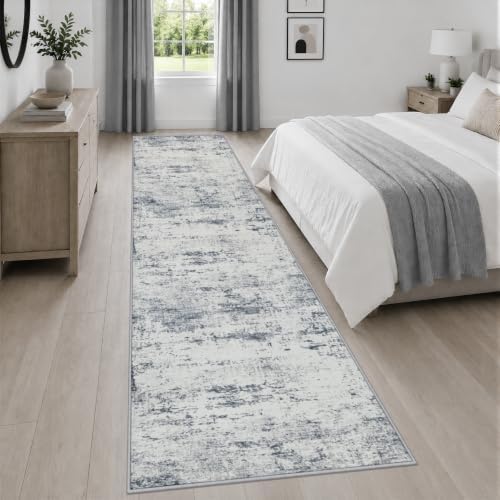 2.6x14 Washable Runner Rug:Modern Abstract Soft Carpet Blue Grey - Image 4