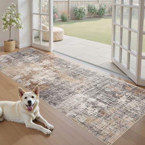 DMOYEST Washable Runner Rug for Hallway: 3x8 Neutral Modern Abstract Low Pile Area Rug with Non-Slip Backing - Carpet for Bedroom Kitchen Laundry Entryway Bathroom Indoor - Grey Brown - Image 3