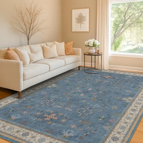 Boho 6x8 Living Room Rugs - Modern Blue Dining Room Rug for Under Table, Lightweight Washable Foldable Low Pile Soft Carpet, Eclectic Floral Bedroom Décor Aesthetic by HazoHaus