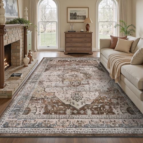 8x10 Area Rugs for Living Room Rug Brown Bedroom Rug Carpet Washable Neutral Vintage Dining Room Rugs for Under Table Soft Comfortable Non Slip by Engiw