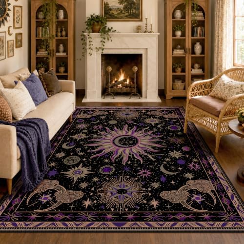 Vacuum-Friendly, 5x8 Washable Area Rug, Black Purple Beige by meejou