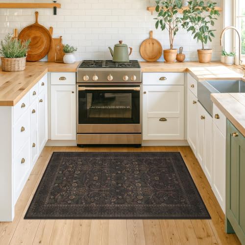 Rustic Brown 3x4 Large Washable Entryway Rug Indoor - Stain Resistant Kitchen Sink Floor Mat Non Slip, Dark Floral Pattern Cabin Area Rug for Bedroom Beside Bed, Mudroom - Image 3